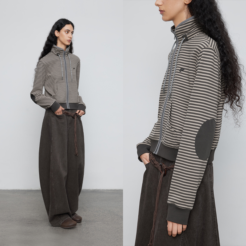 【特价】半圆原创设计师女装2025冬季加绒加厚条纹长袖卫衣外套女