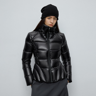 黑色修身 亮面无胆防绒面料 2025冬季 运动 收腰羽绒服女 半圆女装