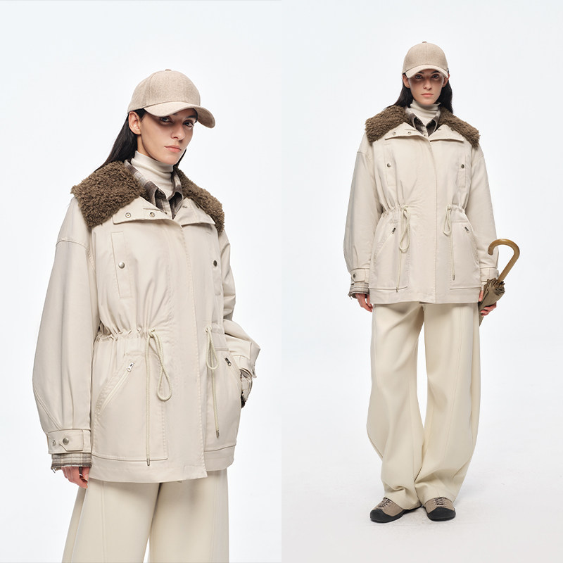 半圆原创女装[运动]2025秋冬宽松休闲米白色夹克式翻领外套女