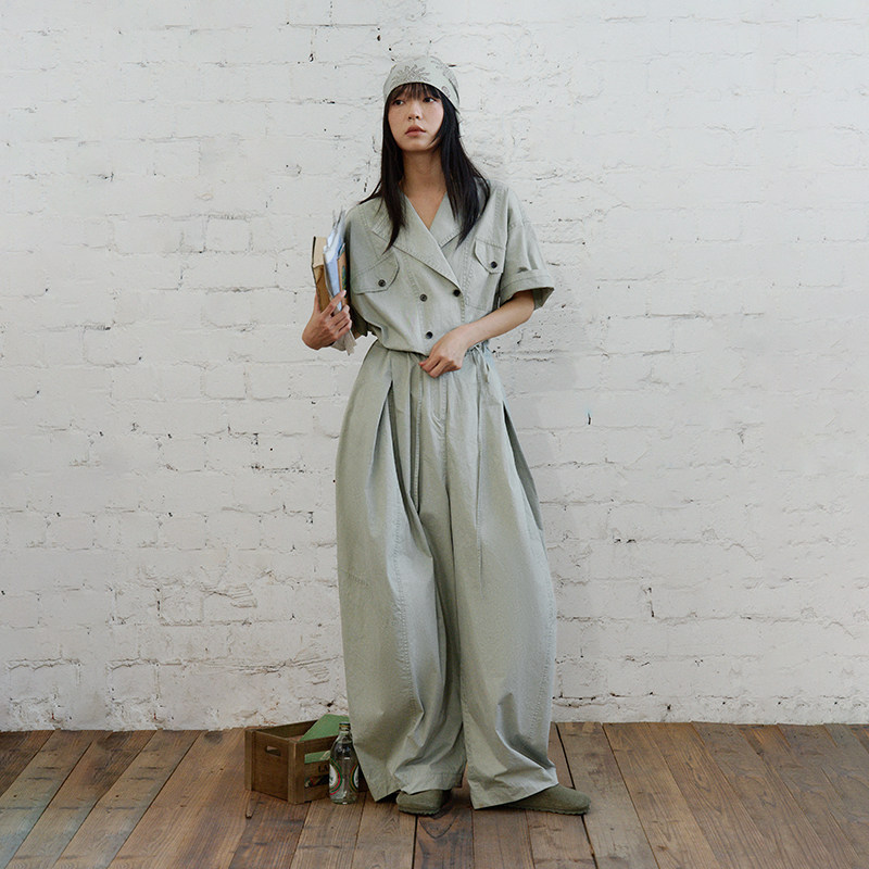 纯棉 半圆原创设计2026夏季[复古]宽松休闲质感水洗连体裤女