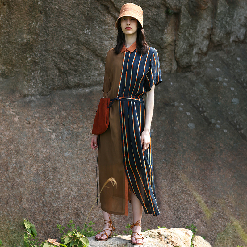 桑蠶絲麻拼接原創印花真絲不對稱襯衣長款連衣裙2018夏新款女