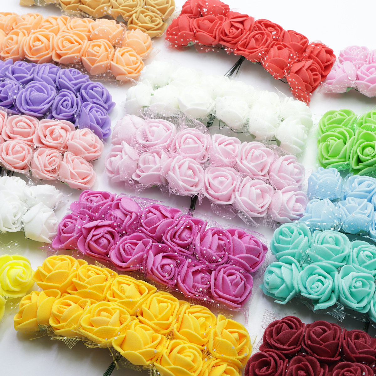 2CM144朵带纱PE花泡沫花玫瑰仿真花编织花环藤条喜糖盒贺DIY配件