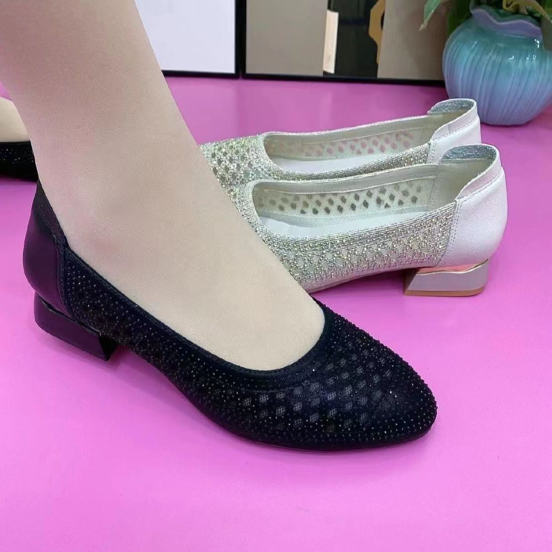 镂空网纱尖头女单鞋夏季2025新款粗跟透气软底软皮懒人妈妈鞋,女鞋,浅口单鞋,淘宝优惠券,粉丝福利购,淘宝优惠卷