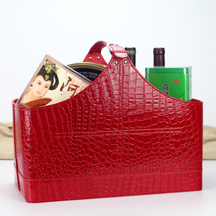 节日家用创意皮礼品篮子 手提篮 定制 元旦中秋送礼篮 收纳篮红色