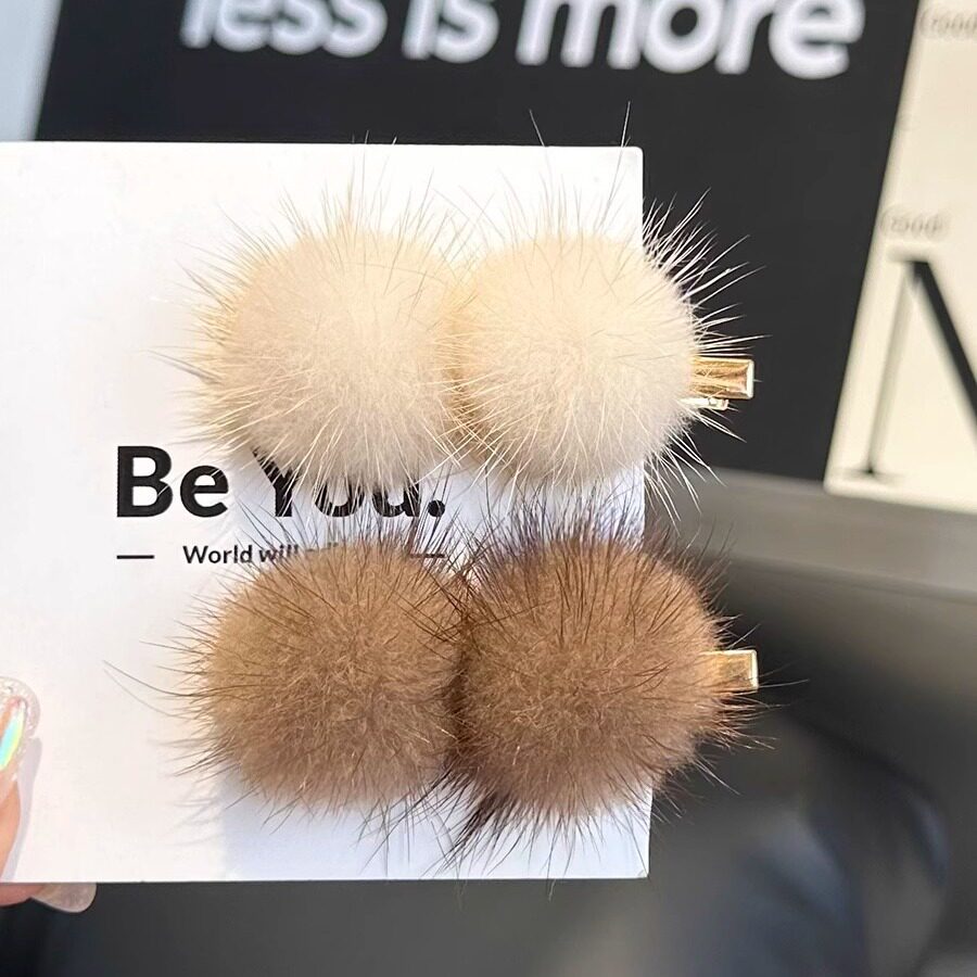 真水貂毛夹子时尚可爱毛球球鸭嘴夹刘海碎发边夹卡子网红毛毛发夹