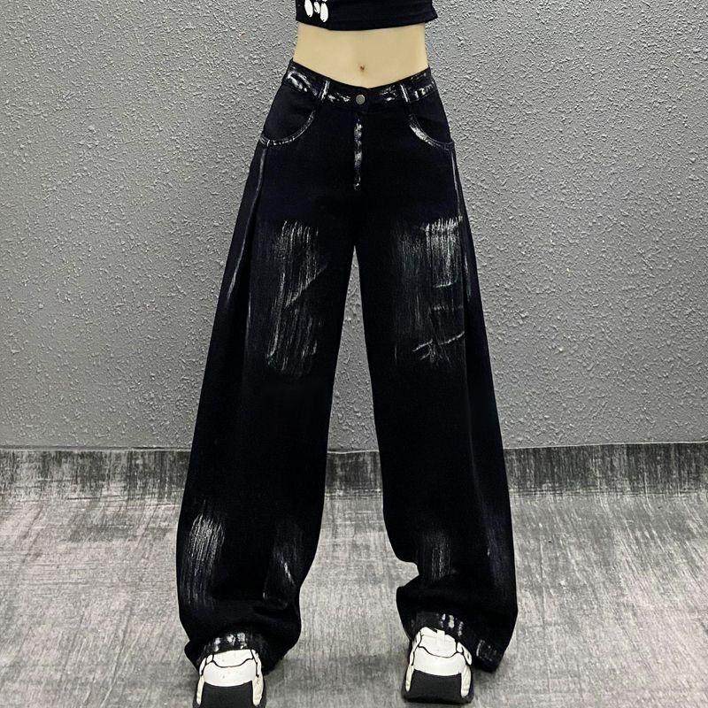 炫酷喷漆拼色设计水洗牛仔裤女秋新款高腰宽松显瘦百搭直筒阔腿裤,女装/女士精品,牛仔裤,淘宝优惠券,粉丝福利购,淘宝优惠卷