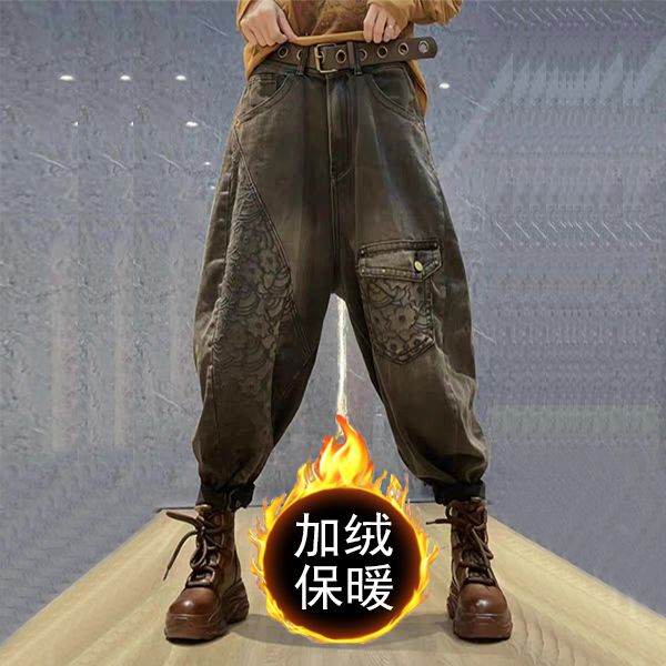 加绒加厚欧洲站欧货重工刺绣垮裤