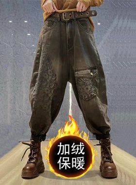 加绒加厚欧洲站欧货重工刺绣垮裤哈伦裤女秋冬宽松洋气百搭牛仔裤
