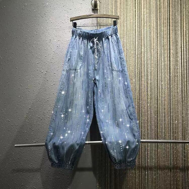 薄款天丝防晒九分裤女2025春夏款松紧高腰宽松大码束脚灯笼牛仔裤