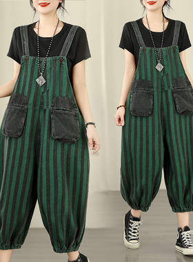 实拍大码春夏新款复古牛仔薄款休闲条纹背带9分裤