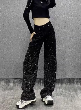 2024春秋新款复古烫钻满天星黑色牛仔裤女高腰显瘦宽松直筒阔腿裤