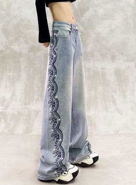 侧边钉珠刺绣设计休闲牛仔裤女秋冬款高腰宽松显瘦百搭直筒阔腿裤