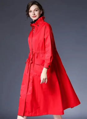 2023春秋新款宽松中长款荷叶领拉链风衣女装大码休闲百搭外套显瘦