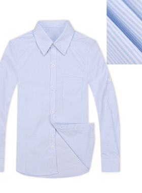 兰诗学院英伦绅士春秋浅蓝色宽条纹牛津纺纯棉长袖衬衫正装C5108A