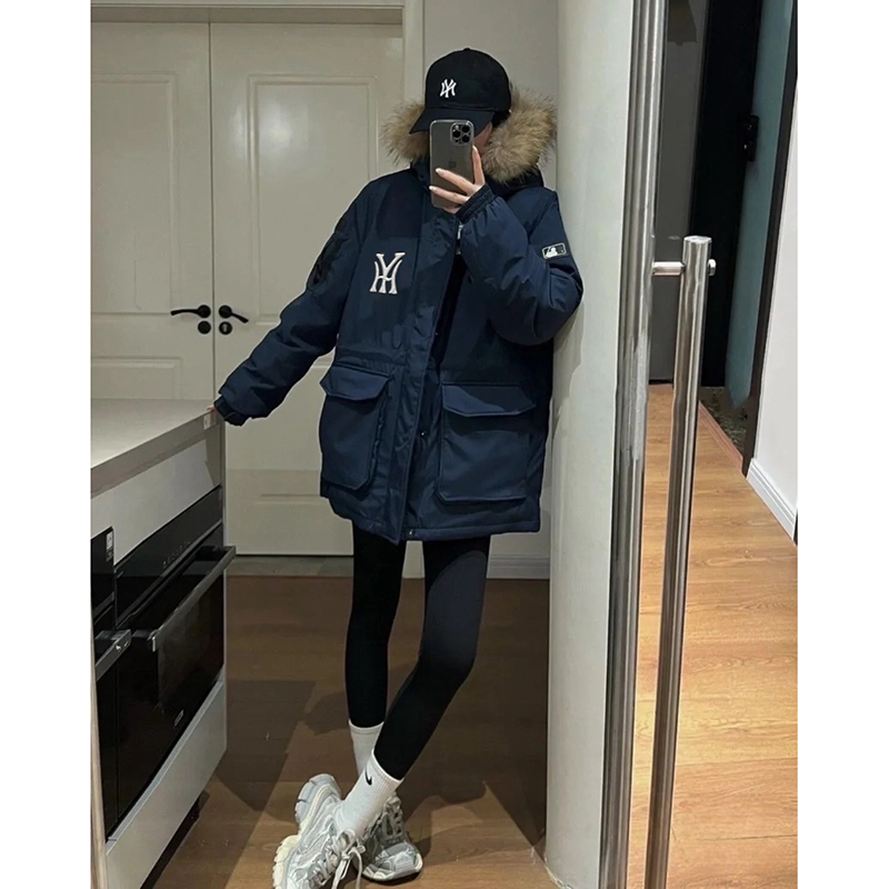情侣工装羽绒服女款冬季2024新款中长款连帽极寒加厚派克服男外套