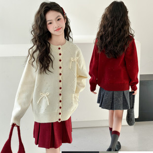 女童毛衣针织开衫2026春季新款女孩拜年服装中大童厚款秋冬毛线衣