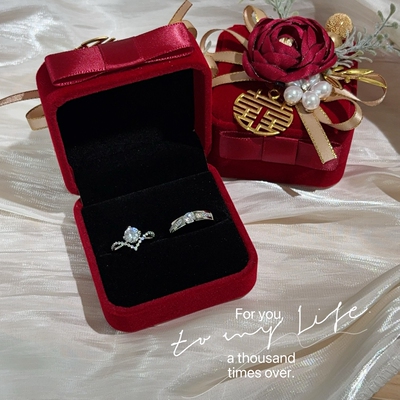 结婚假戒指一对结婚戒指盒红色仪式用仿真对戒情侣钻戒开口可调节