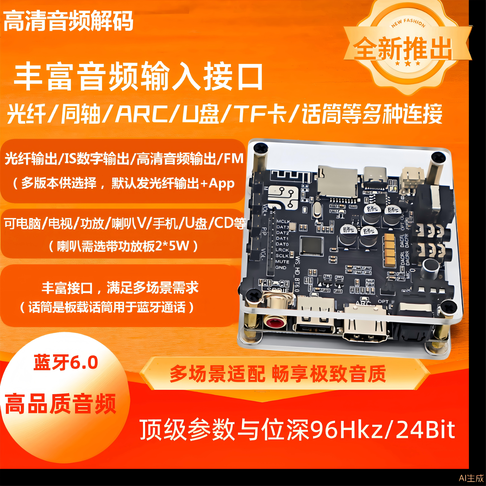 蓝牙6.0音频接收器 ARC光纤同轴适用音箱功放电视高质量专业音频