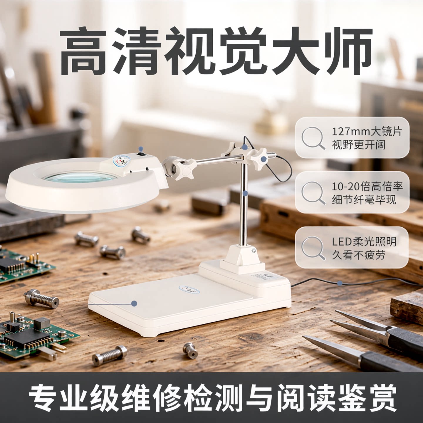 智塑高倍台式放大镜带LED灯10倍高清20倍老人阅读美容修手机维