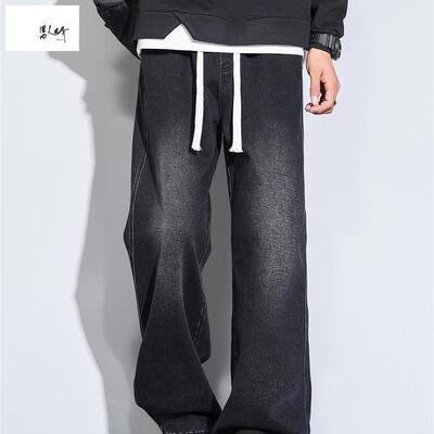 黑色牛仔裤男款加绒加厚2025秋冬新款美式高街宽松微喇阔腿长裤子