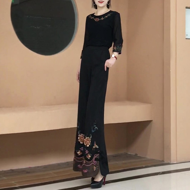 民族风刺绣T恤上阔腿裤女裤长裤