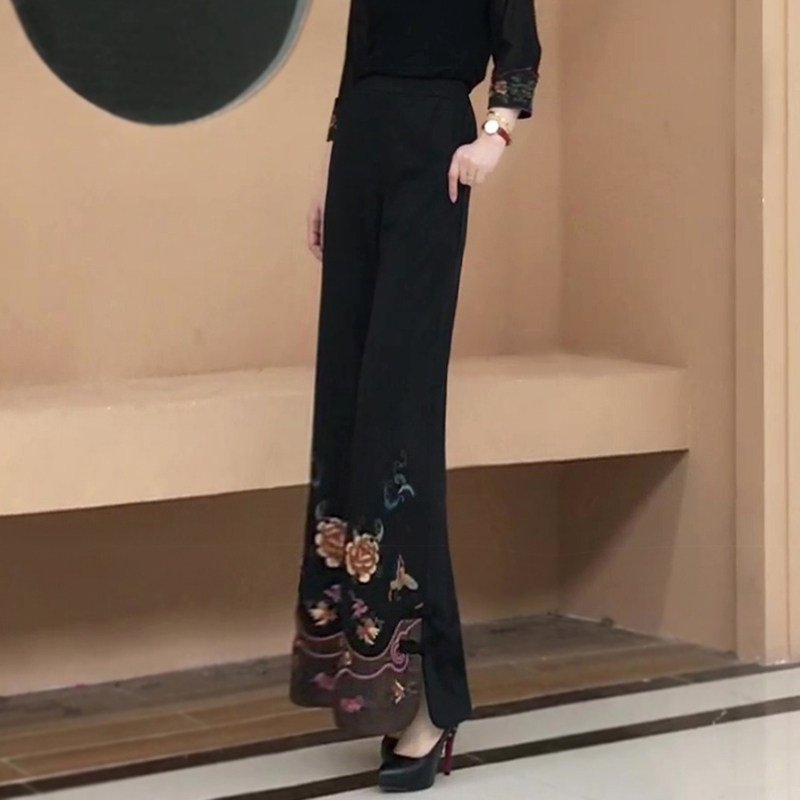 民族风刺绣休闲高腰阔腿裤女裤子
