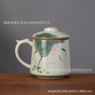 陶瓷杯茶水分离带盖泡茶杯办公杯家用复古茶杯子手绘山水画大容量