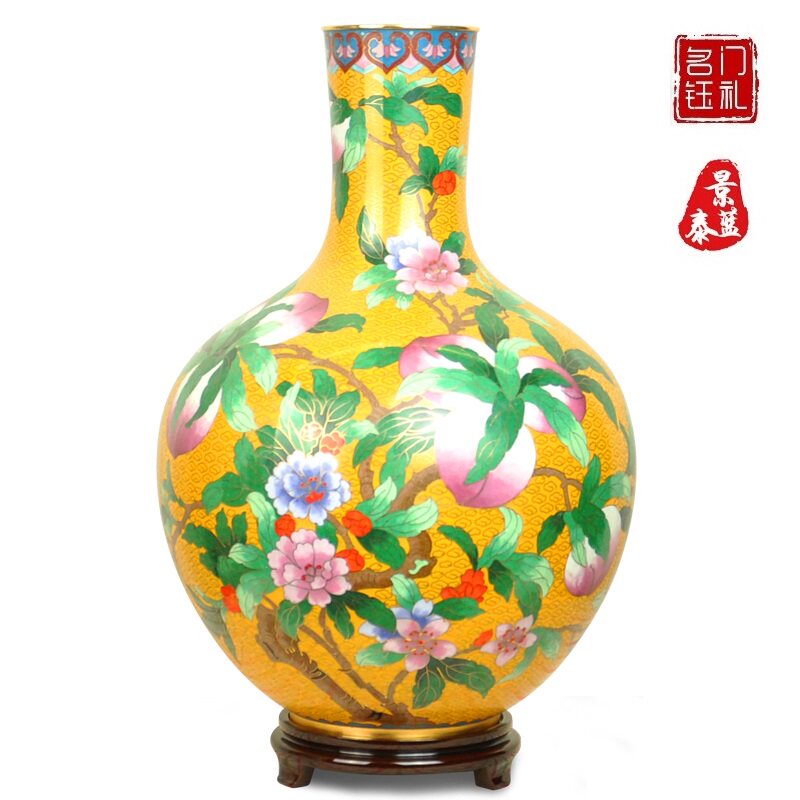 景泰蓝花瓶寿桃九桃瓶铜胎珐琅家居摆件送朋友祝老人长辈生日礼物