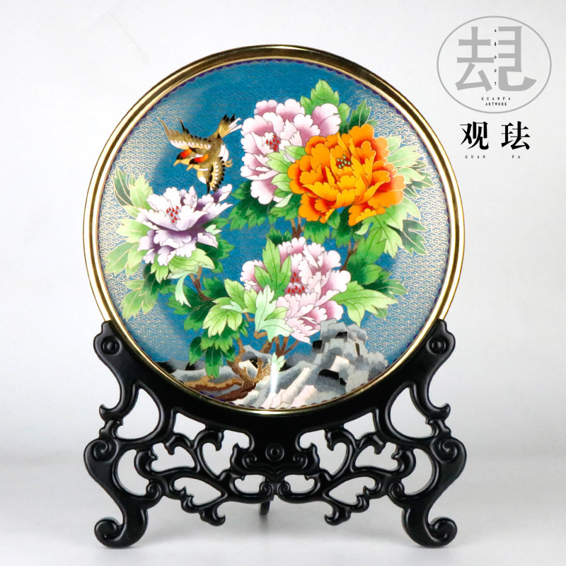 北京圆盘牡丹富贵花开摆件景泰蓝