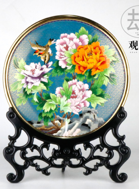 北京圆盘牡丹富贵花开摆件景泰蓝