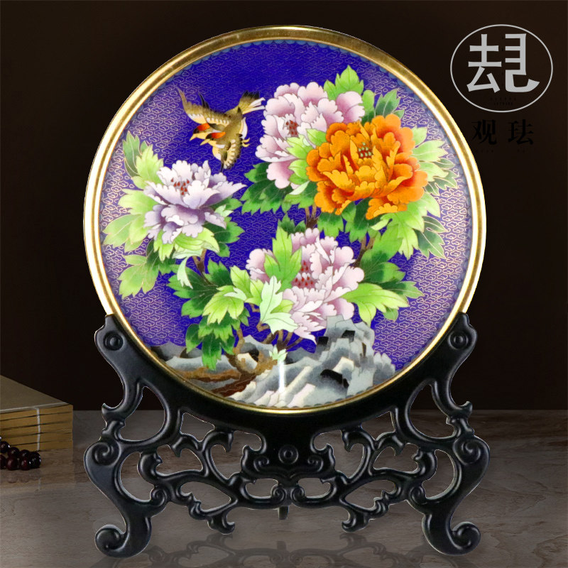 北京圆盘牡丹国色天香摆件景泰蓝