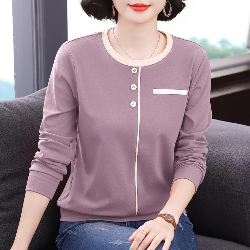 小香风紫色纯棉长袖T恤女圆领外穿打底衫时尚洋气妈妈秋装上衣服
