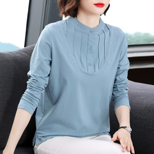 妈妈春装 女纯棉长袖 t恤洋气高贵小衫 上衣中年妇女立领绣花打底衫