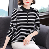 t恤洋气小衫 女内搭条纹纯棉长袖 上衣半高领打底衫 中老年妈妈春装