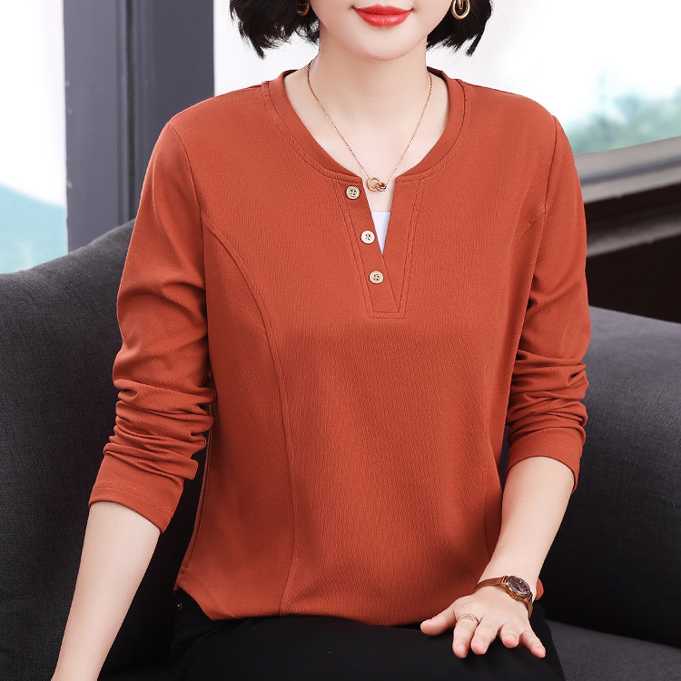 休闲风撞色长袖T恤女V领宽松大码显瘦纯棉上衣中年妈妈秋装打底衫