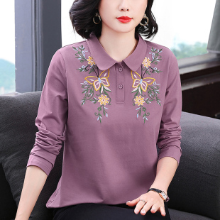 女装 打底衫 妈妈春秋装 t恤女宽松大码 翻领绣花纯棉长袖 中老年时尚