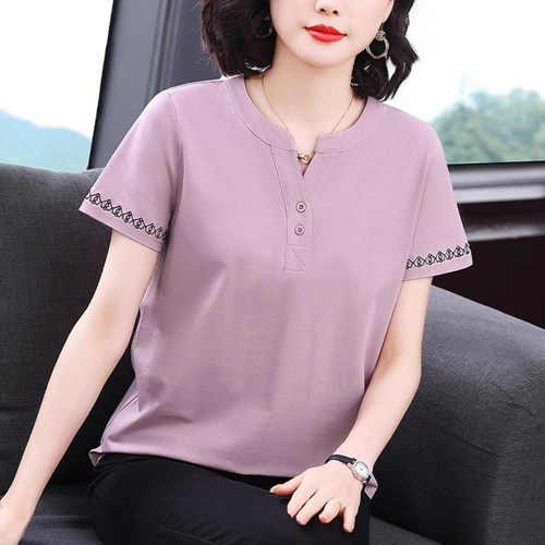 中老年妈妈夏装v领纯棉短袖t恤女