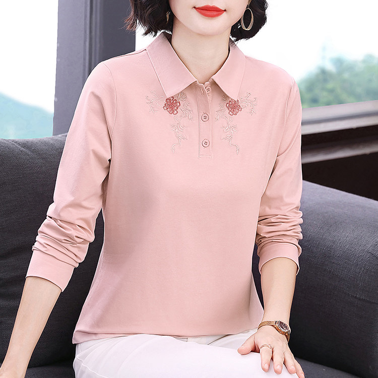 中老年女装妈妈T恤纯棉长袖polo衫女刺绣翻领上衣气质减龄打底衫