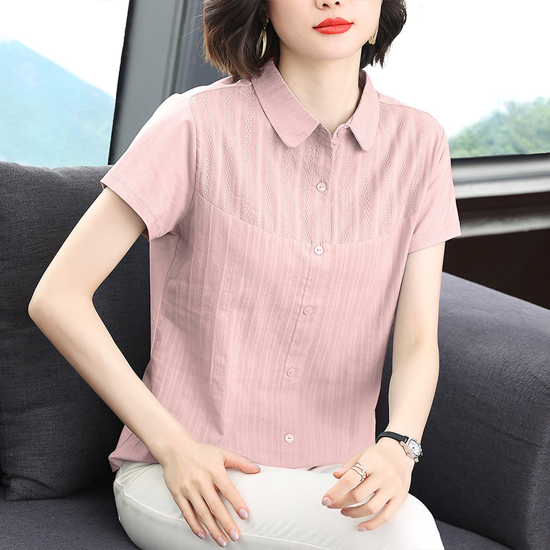 妈妈夏装纯棉衬衫女有领短袖t恤翻领上衣中老年女装2026新款小衫