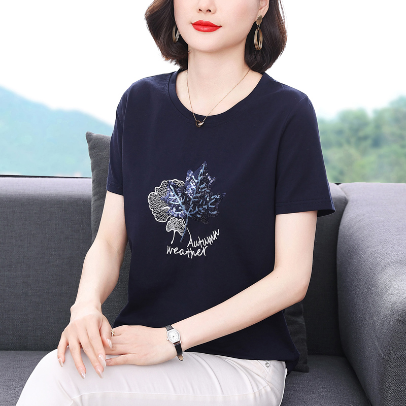 短袖时尚洋气烫钻纯棉女t恤