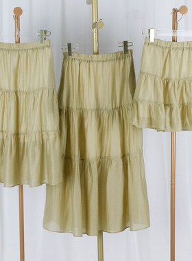 芥末黄色半身塔裙醋酸亚麻纱裙短中长款伞裙大摆文艺OL春夏松紧腰