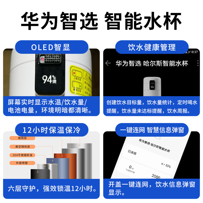 HALS 스마트 워터 컵 OLED 지능형 디스플레이 열 및 보냉 IPX7 방수 휴대용 450ML의 화웨이 지능형 선택