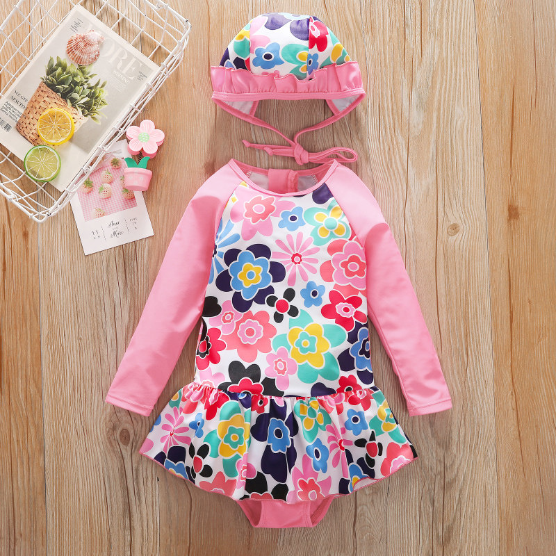 儿童游泳衣夏季女童小孩宝宝可爱连体防晒长袖速干裙式泡温泉泳装