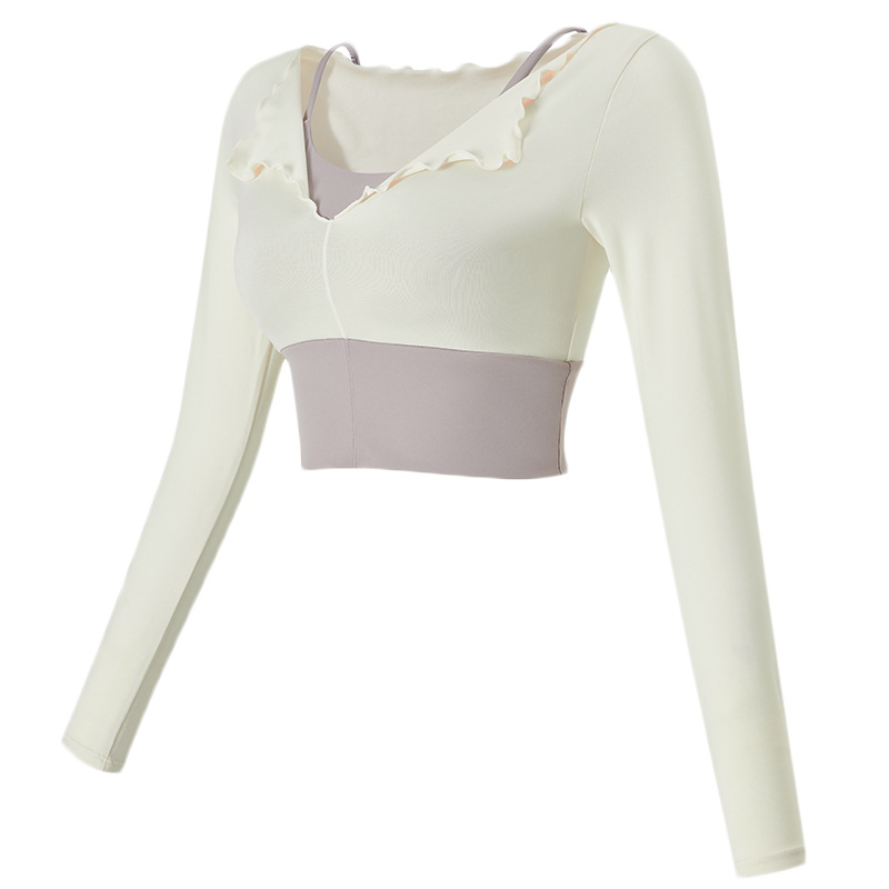 假两件含胸垫瑜伽服女性感紧身长袖秋季新款舞蹈运动健身跑步上衣