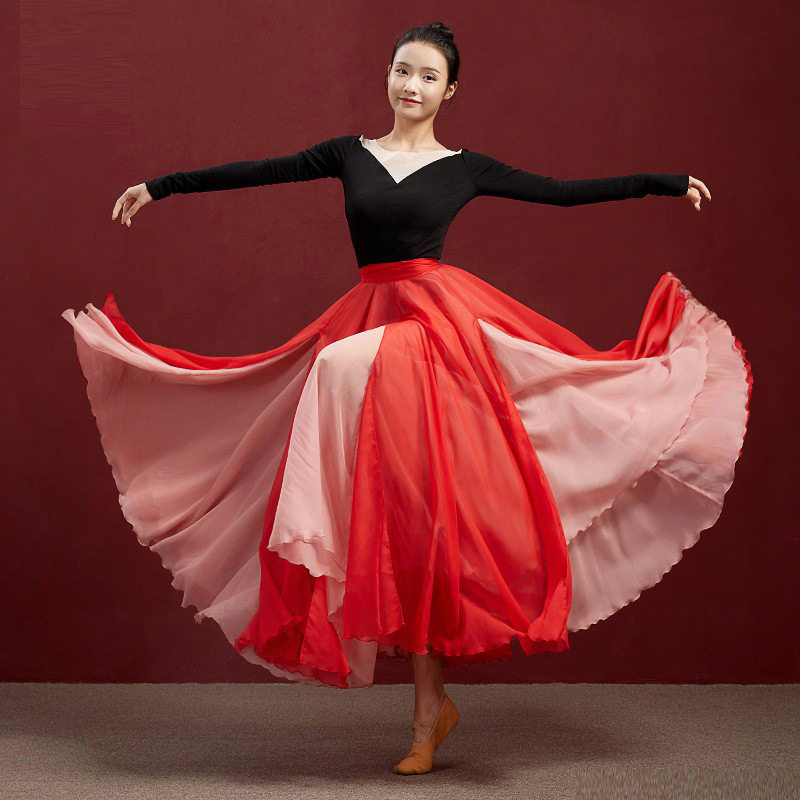 中国风民族古典舞蹈大摆裙练功演出服装720度飘逸双层天丝长裙子