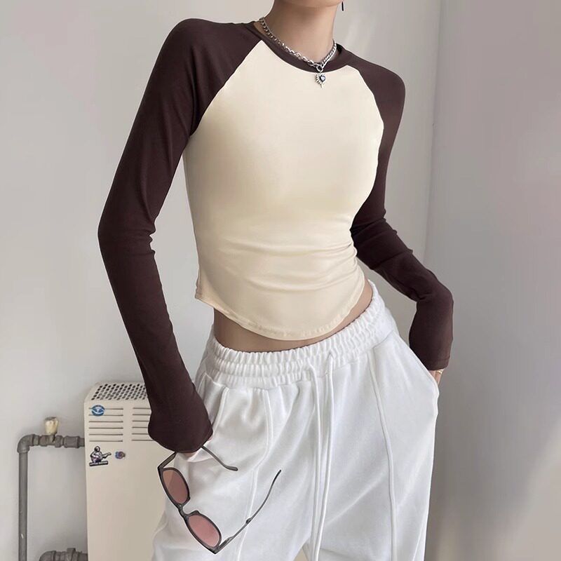 网红拼色瑜伽服女运动上衣修身显瘦健身服秋季跑步训练紧身长袖新