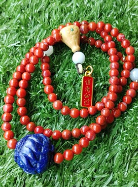 【dongdoon~】天然原矿南红青金翡翠缅黄绿松108佛珠锁骨链转运珠