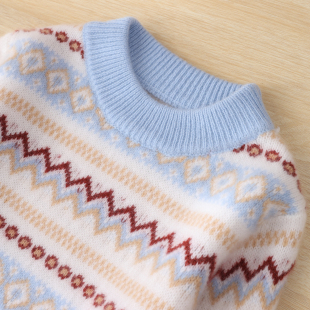 高品质加厚儿童100%纯羊毛衫 男童女童半高领内搭毛衣重工提花绒衣