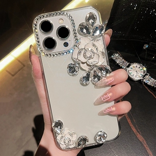 水钻山茶花适用苹果16promax手机壳新款iPhone15奢华带钻14保护套14pro全边防摔plus高级感13pm女款12/11十四