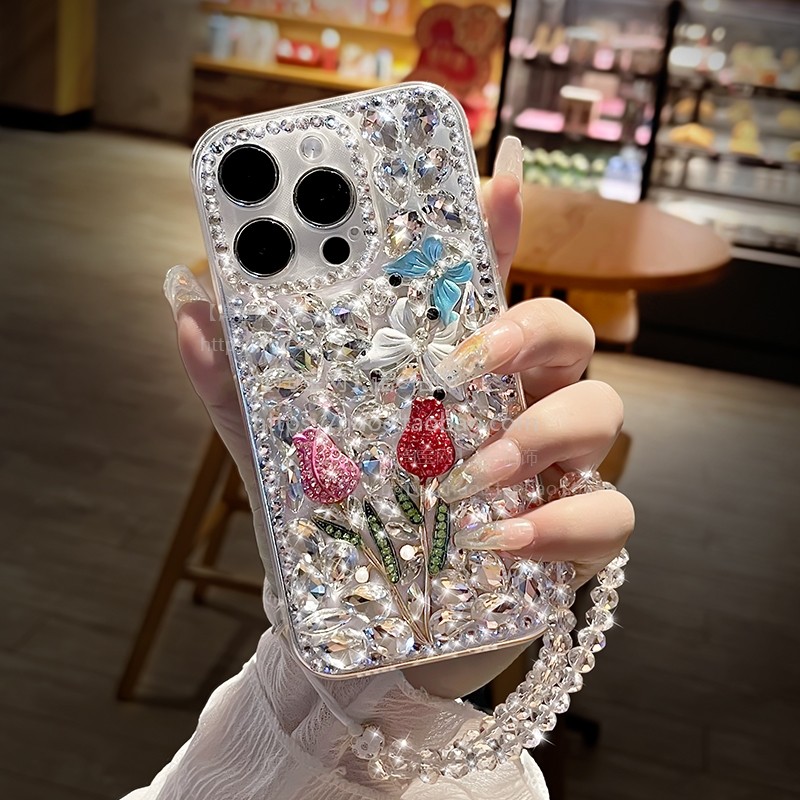 满钻玫瑰花适用苹果16promax手机壳15plus全包17透明软套14防摔保护iPhone13奢华12女爆款11气质7新品8带挂绳
